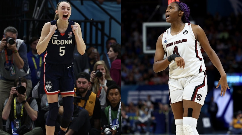 Paige Bueckers and Aliyah Boston celebrate