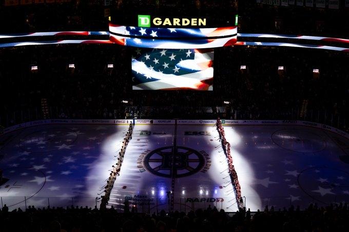 A wide shot of TD Garden for the Star Spangled Banner before the 2025 Beanpot championship
