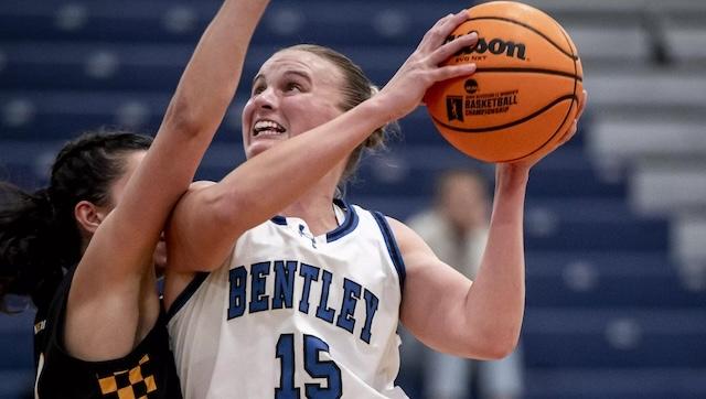 Kylie&nbsp;DuCharme of Bentley goes for a shot in DII women's basketball. 